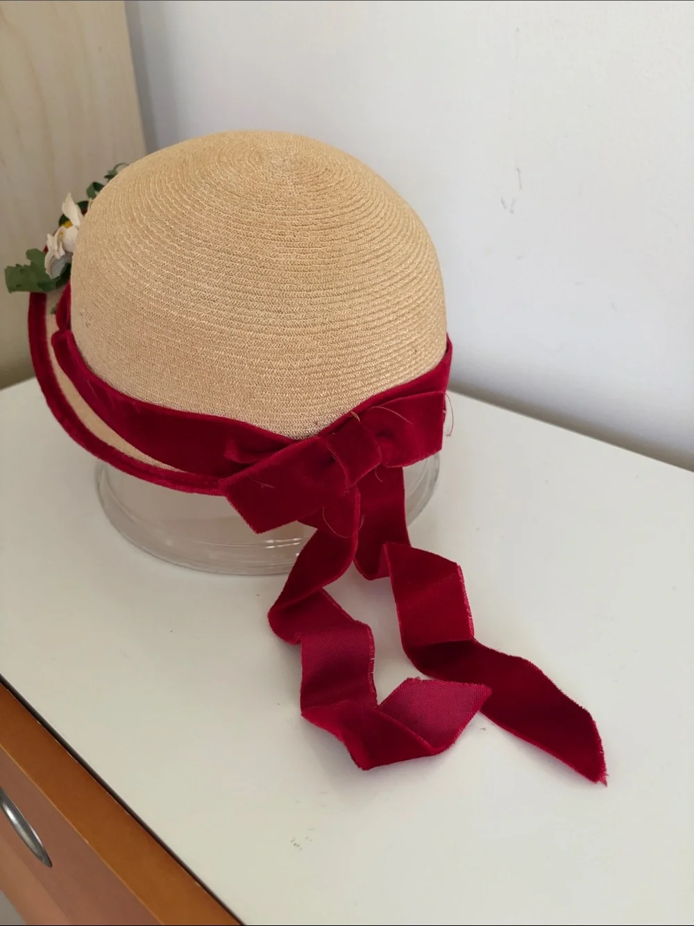 Vintage Girl’s Natural Straw Cloche Hat with Red Velvet Trim and Floral Detail